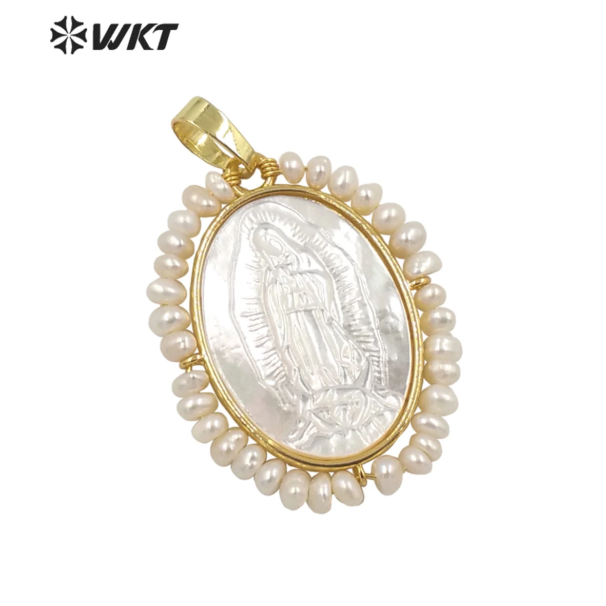 

WT-JP255 Elegant Charming Fashion Gold Wire Wrapped Handmade Pearl Shell Religious Pendant Christian Angel Mary Jesus