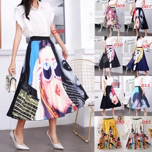 Модные новые эластичные женские миди юбки с рисунком из мультфильма, большие плиссированные Повседневные Вечерние летние пляжные юбки с высокой талией