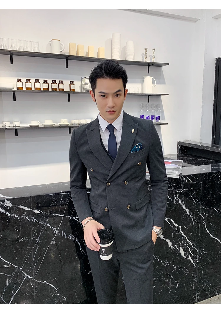 Двубортные мужские костюмы комплект Slim Fit деловой формальный мужской джентльмен свадебные костюмы смокинг джентльмена комплект из 3 предметов