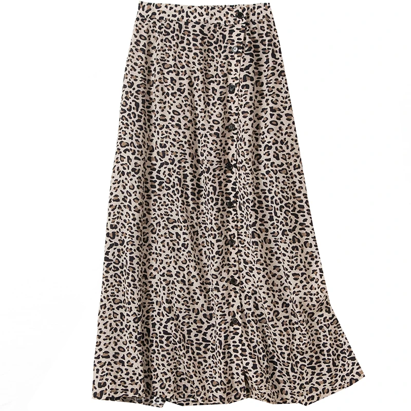 

2020 Spring Summer Leopard Print Long Skirt Women Fashion Elastic Waist High Waist Mid Calf Skirt