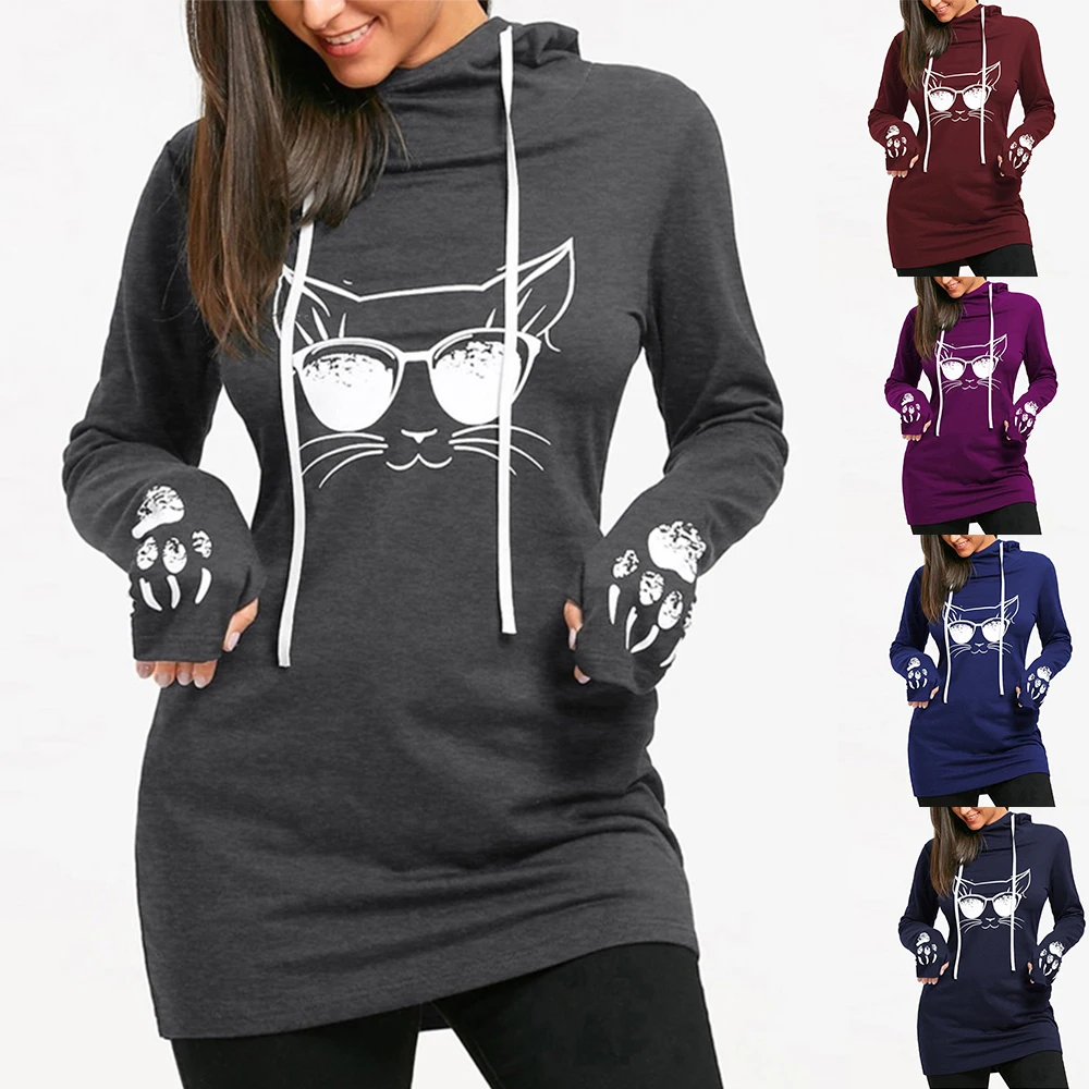 Wipalo, осень, женские повседневные толстовки с принтом кота, женский джемпер с длинным рукавом, на завязках, пуловеры среднего размера плюс 5XL