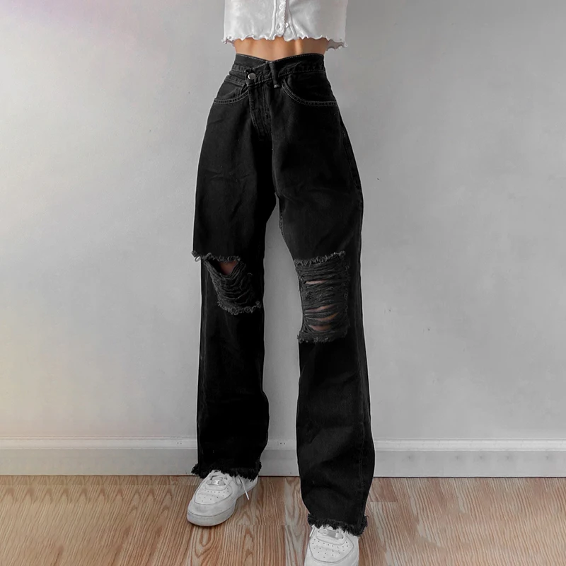 High-Rise Women's Jeans Y2K High Street Distressed Denim Pants Ripped Straight Jeans Tassel Cargo Trousers Casual Loose Mom Jean stacked jeans