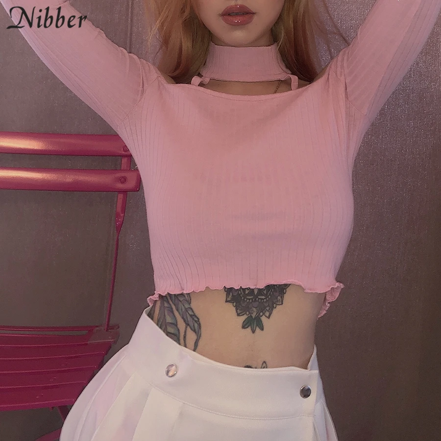 Nibber Harajuku милые розовые Топы без бретелек женские футболки Горячая осень зима элегантная гофрированная Повседневная Приталенная футболка mujer