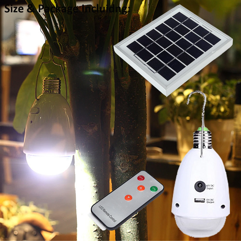 Portable LED Solar Lights with Hook, Remote Control Dimmable E27 Indoor Solar Lamp for Shed Camping Tent Power Outage Emergency