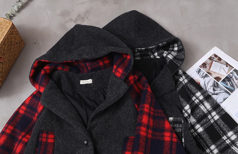 CHICEVER Plaid Hit Color Autumn Winter Coat Women Hooded Long Sleeve Oversize Casual Warm Coats Female 2020 Fashion New Clothes
