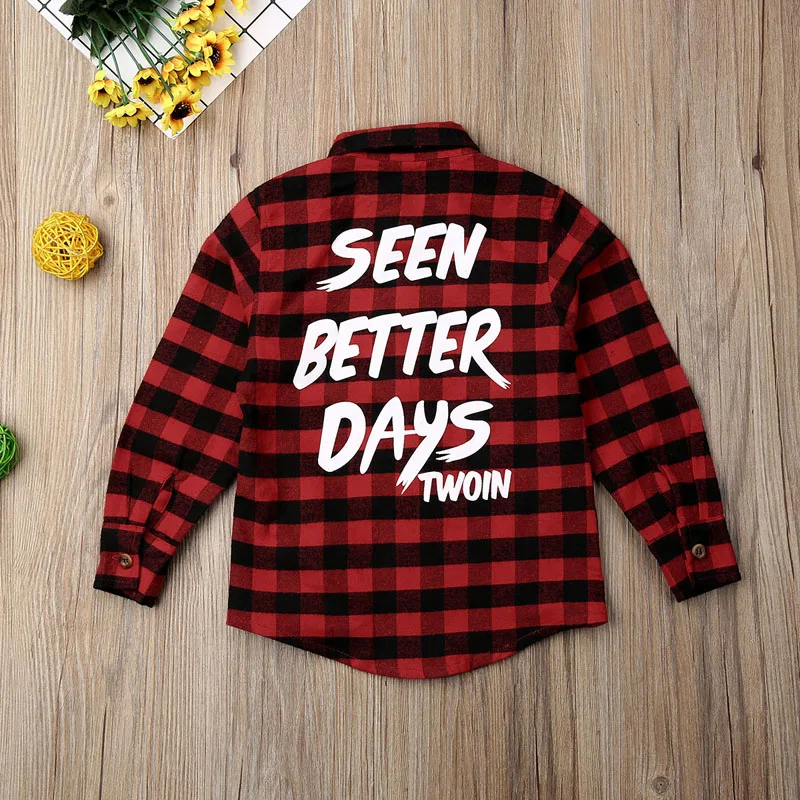 Pudcoco US Stock Toddler Kids Baby Boy Girl Plaid Letter Turn Down Collar Long Sleeve Cotton Tops Shirt Clothes