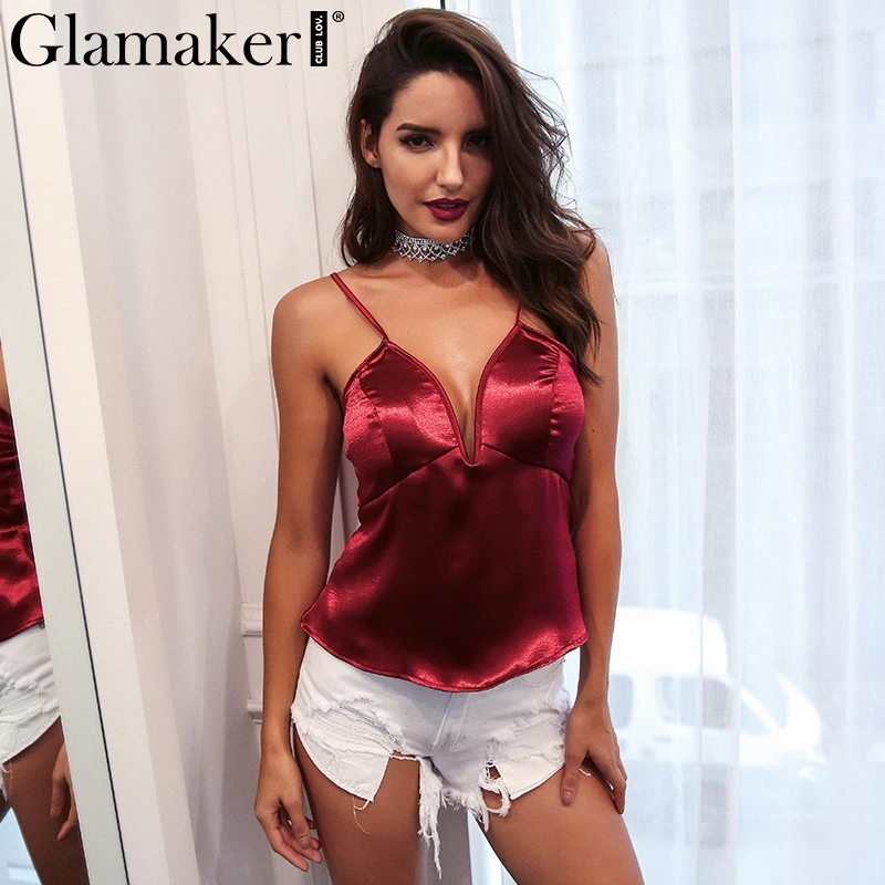 Glamaker, роскошный атласный сексуальный топ на бретелях, женская одежда, для пляжа, фитнеса, Летний Топ для женщин, v-образный вырез, Клубные, вечерние,, camisoles& tanks cami