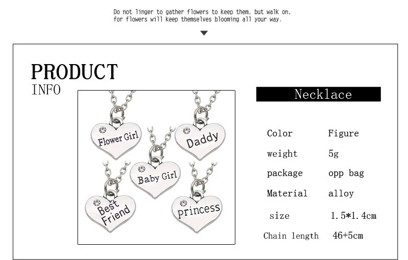Best Friends Daddy Princess Baby Girl Flower Girl Charm Pendant Necklace Silver Rhinestone Love Heart Necklace For Women Collar