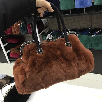 

Fxfurs Fashion Fur Bag 2020 New Rex Rabbit Fur with Diamond Hand Bag Shoulder Women's Bag Casual Crossbody Bag Autumn and Winter