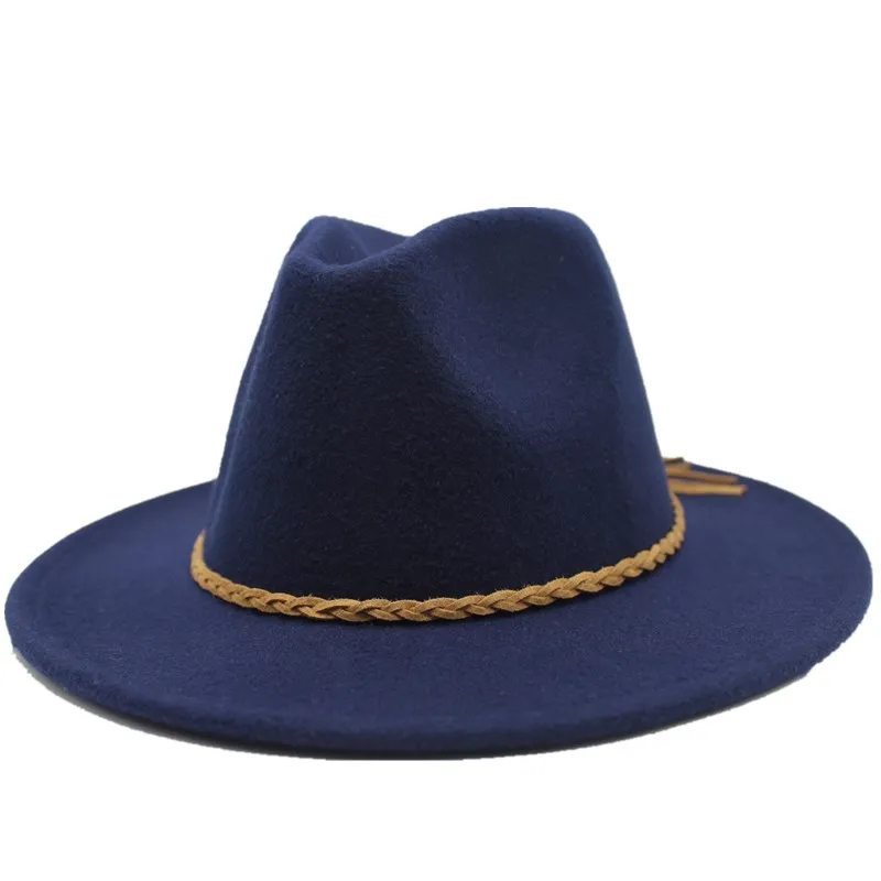 Seioum шерстяная шляпа Fedora с лентой джентльмен элегантный Леди Зима Осень широкий джазования с полями церкви Панама сомбреро - Цвет: Navy
