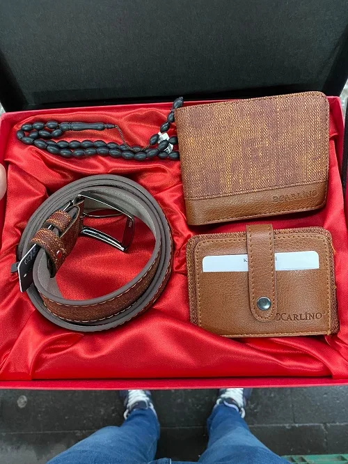 Karali cartera de cuero tostado hombre, Cartera de cuero, soporte para insignia, Rosario, portafolio de regalo, conjunto en caja| Carteras| - AliExpress