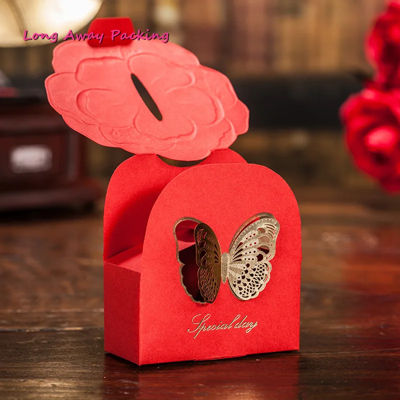 20PCS Hollowed Butterfly Red Candy Bag Packaging Box Creative Wedding Party Supplies Food Boxes | Дом и сад