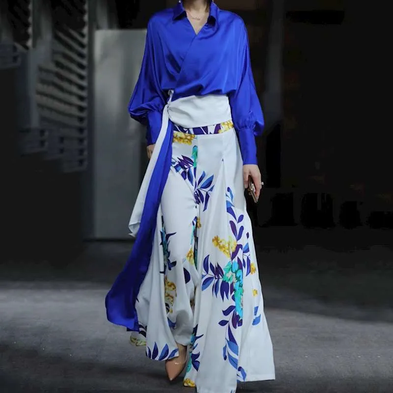 

Autumn Women Soild Blouse Shirts+ Flower Printed High Waist Wide Leg Pant Trousers Two Pieces Clothing Set Suits