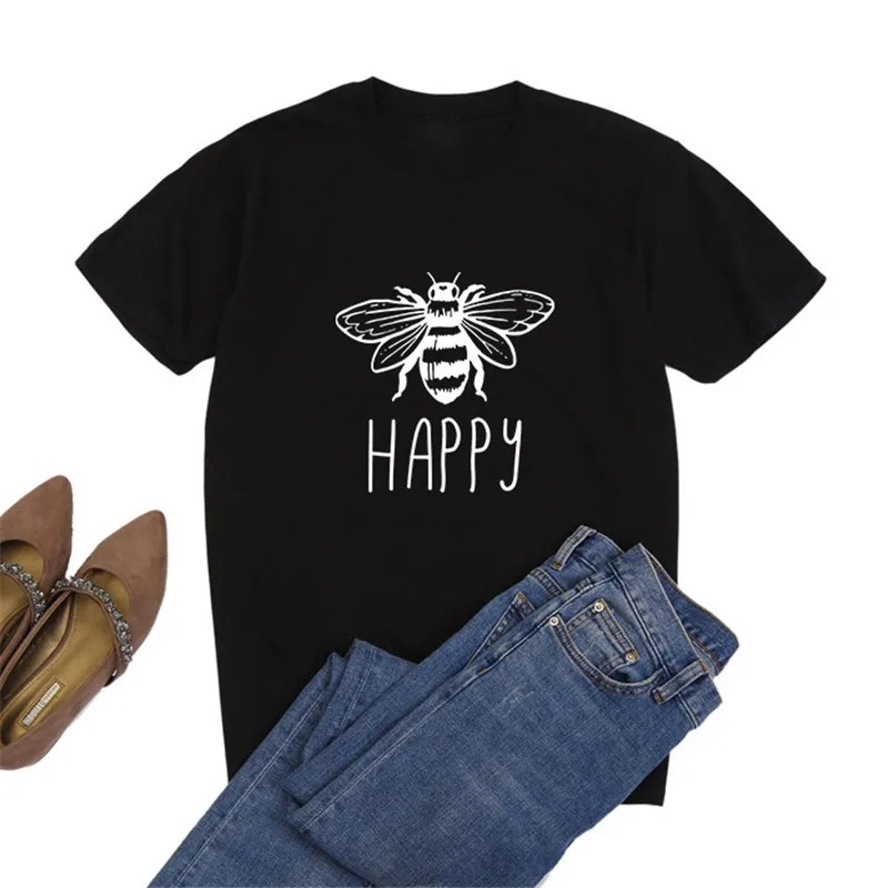 Женская футболка с надписью Happy Bee, хлопок, Повседневная футболка с коротким рукавом, осень, базовая футболка с круглым вырезом, женская одежда