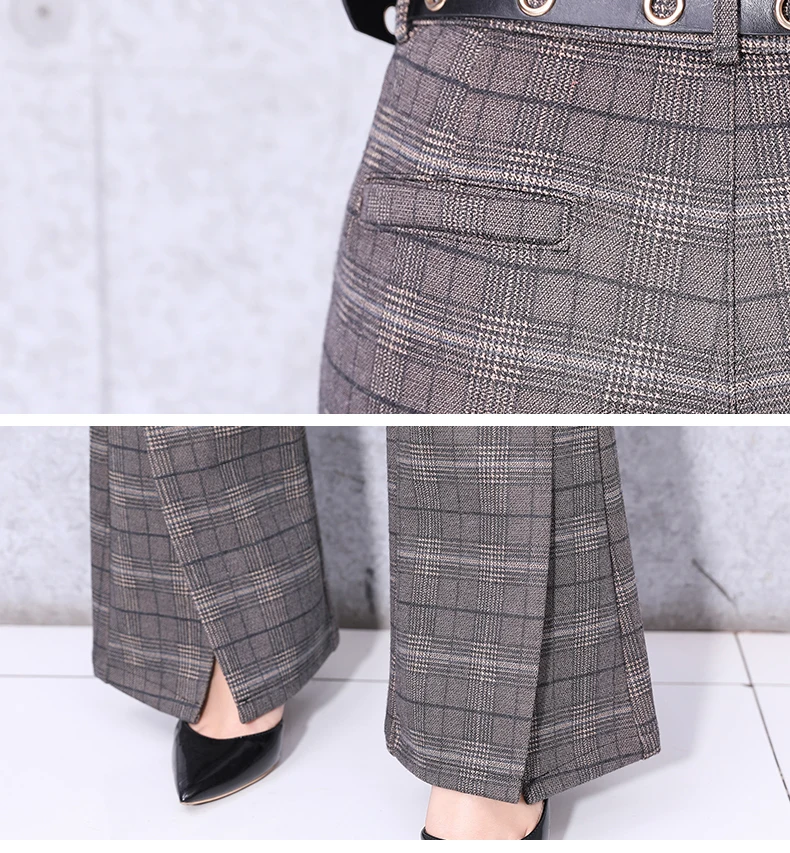 2019 New Autumn Plaid Wide Leg Pants For Women Office Work Wear Lady Pants With Belt Long Trousers Female Fashion Design Trouser (6)