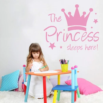 Calcomanías modernas de princesas para dormir aquí, pegatinas de pared, calcomanía artística para habitación de niñas, adhesivo para dormitorio infantil, vinilo pared