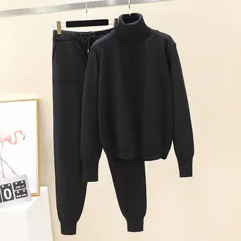 

New Style for Autumn and Winter 2020 Sweater Turtleneck Sweater a Women's Loose Padded Fashion Casual Pants Two-Piece Set