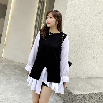

Women Spring Autumn Fashion Japan Style Contrast Color Patchwork Fake Two Pieces Knitted Office Lady Sweet Casual Oversize Shirt