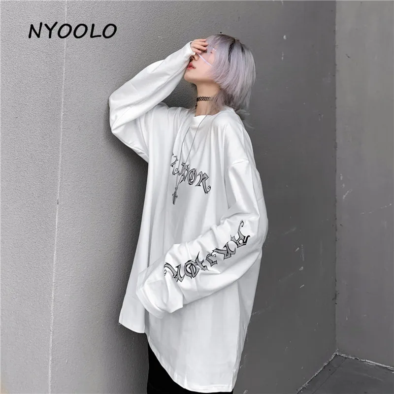 NYOOLO Harajuku дизайн аниме Tomie ужас буквенный принт футболка Осенняя уличная свободная футболка с длинными рукавами женская одежда Топ