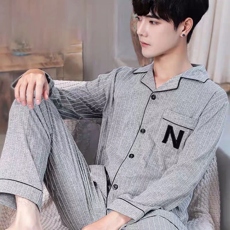 mens christmas pjs Men Sleepwear Pajamas Set for Men Casual Home Clothe Autumn Winter Nightwear Suit Full Sleeve Long Pants Striped Pyjamas Set cotton pyjama set