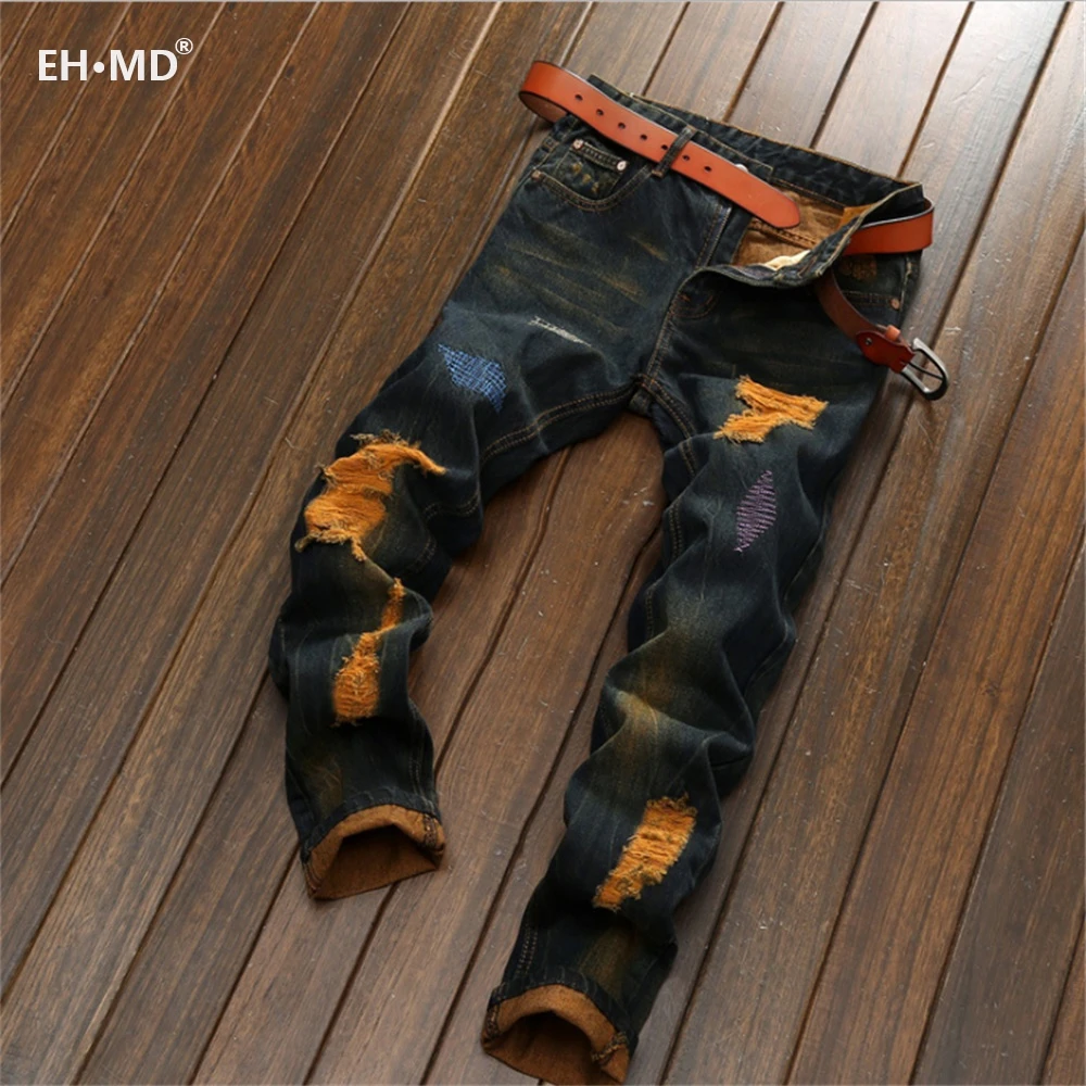 

EHÂ·MDÂ® Orange Ripped Jeans Men's Embroidered Geometric Shape Straight Fall Winter Cotton Soft Stretch Slim Dark Blue Pants 2021