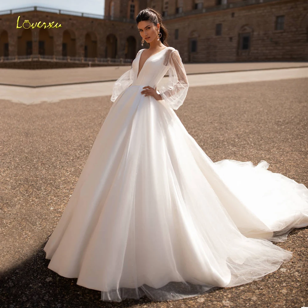 Loverxu Свадебные платья трапециевидной формы с v-образным вырезом съемное длинное платье для невесты без спинки свадебное платье с длинным рукавом размера плюс