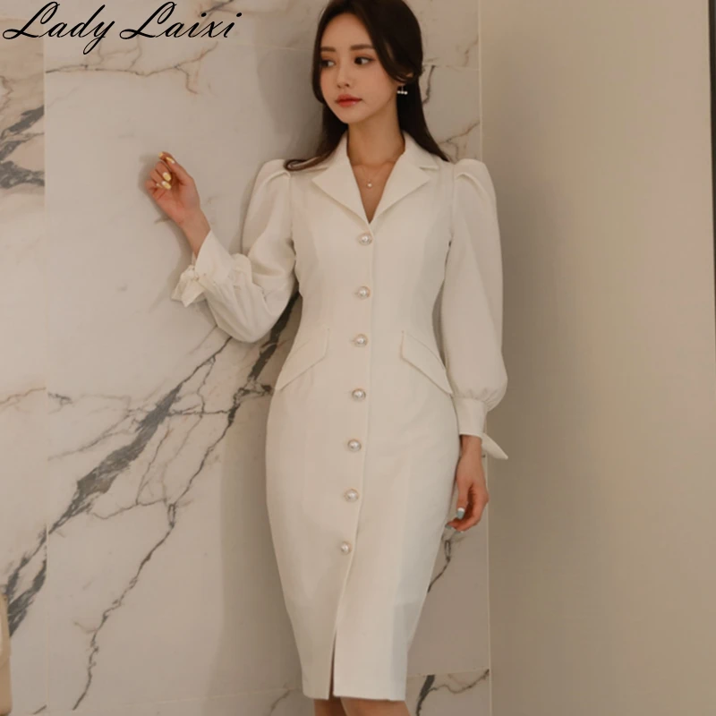 

2019 Single Breasted Notched neck Natural Waist Lantern Sleeve Bodycon Dress Autumn Women Solid office OL work Dresses