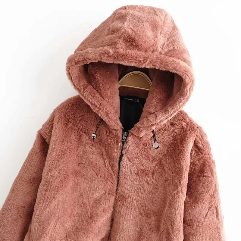 

2019 Autumn Fashion Hooded Cap Collar Long Sleeve Zipper Hem Drawstring Lace Fur Clothing Loose-Fit Jacket