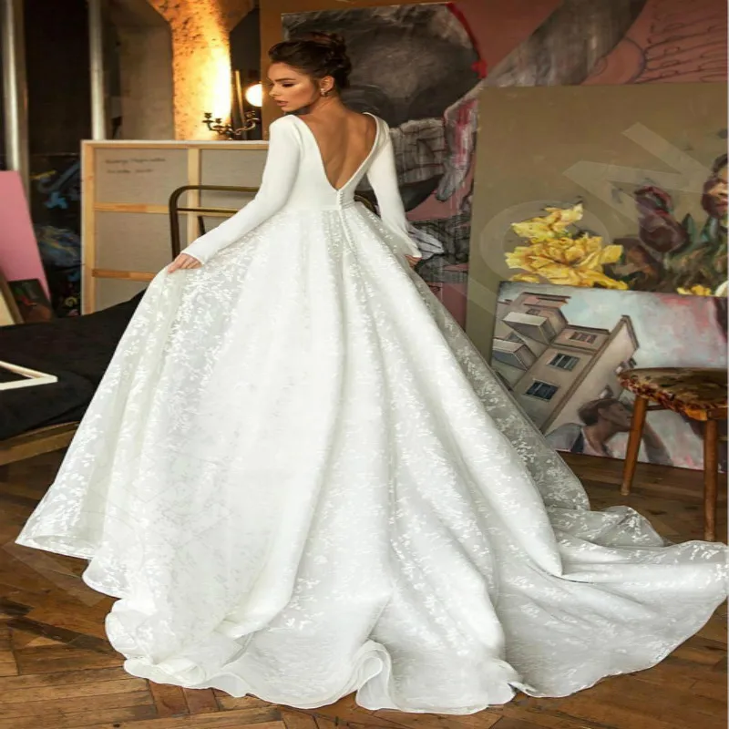 

Modest Civil Boho Wedding Dress With Sleeves Sexy Deep V Neck Top Satin Bottom Full Lace Beach Wedding Gown Cheap Low Back Bride