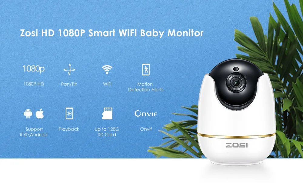ZOSI IP купольная камера 2MP 1080p HD Pan/Tilt/Zoom Беспроводная Wi-Fi система видеонаблюдения, двухстороннее аудио, монитор для ребенка/няни/питомца