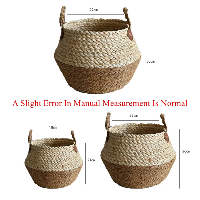 Zerolife-Seaweed Wicker Basket with Handle, Rattan Hanging Flower Pot, Dirty Clothes Storage, Children's Toy Sorting, 3 Size 3
