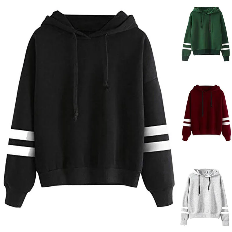 Pop Fashion Autumn Winter Women Sweatshirt With Hat Drawstring Long Sleeve Striped Splicing Hoodies Lady Girls Pullover Pop 88