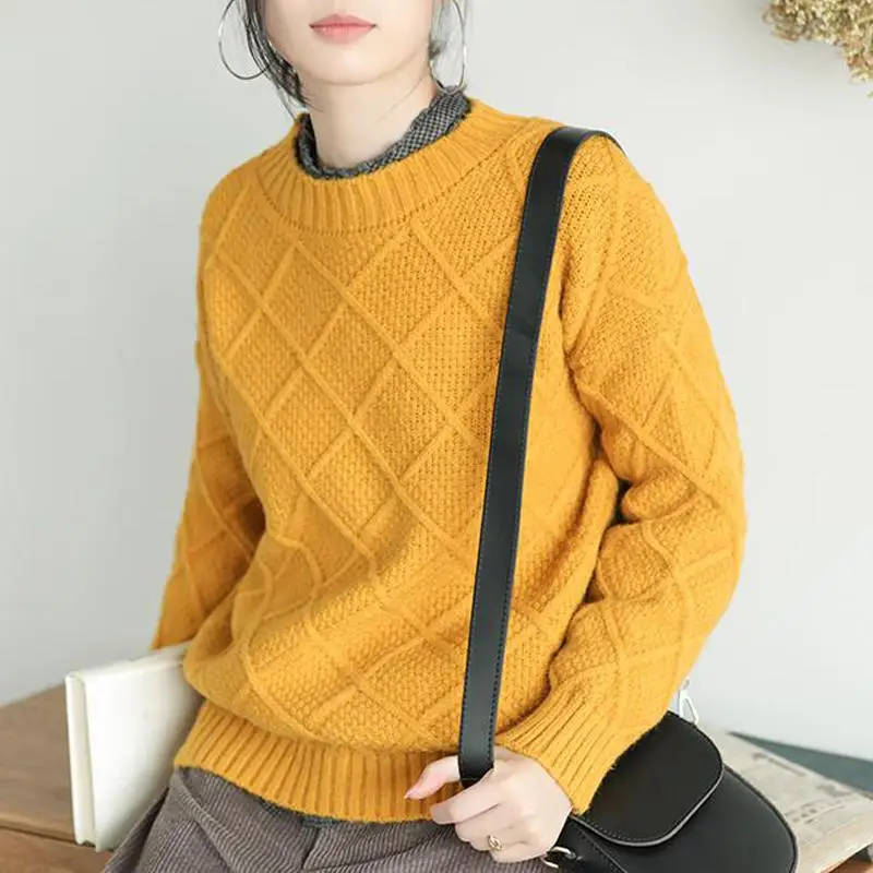 Johnature Loose Comfortable Autumn Winter O-neck Argyle Pullover Sweater New Fashion All-match 4 Color Women Thick Sweater - Color: Yellow