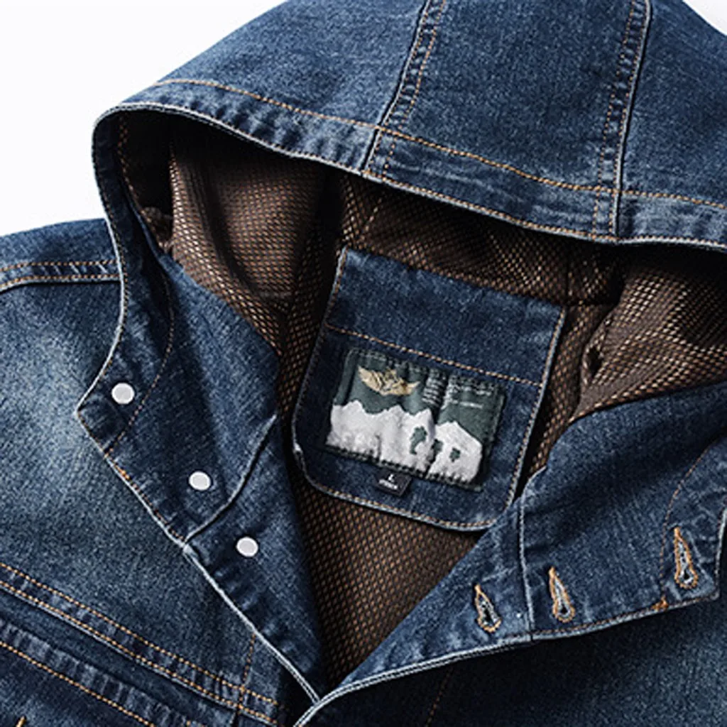 Jackets Men's Autumn Winter Casual Solid Turn-down Collar Denim Hooded Jacket Coat Coats& Jackets Men's Clothing Drop Shipping