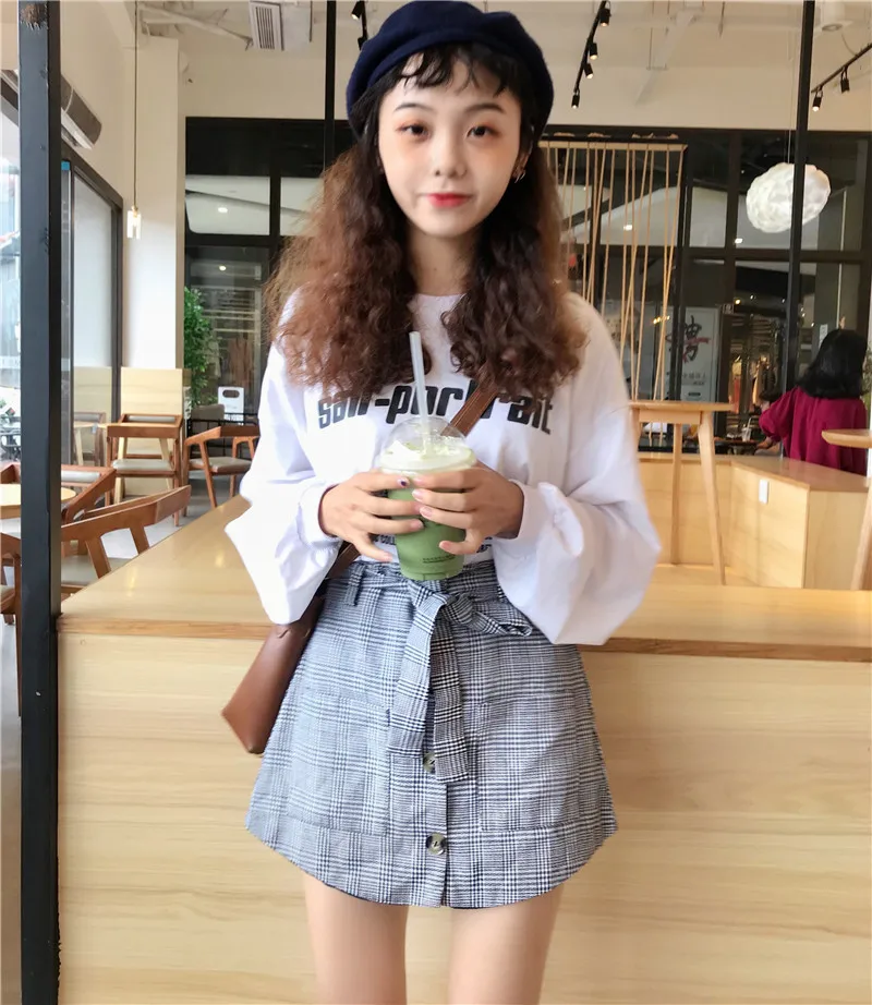 

New Style Lace-up Bow Plaid Pantskirt Women's Slimming High-waisted Buckle Wide-Leg Short Skirts Fashion