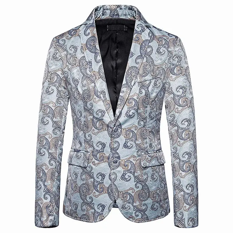 light blue Новая мужская Глянцевая кешью с цветочным принтом на двух пуговицах с отворотом Роскошные вечерние Мужской бейзер пиджак ночной клуб сценический для певца одежда костюмы - Цвет: light blue