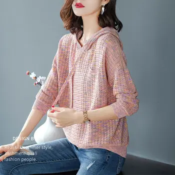 

Girl Loose Camouflage Hooded Sweater Women's Long-sleeved Hollow Long-sleeved Pocket Knitted Pullovers Jumper Female 2020 Spring