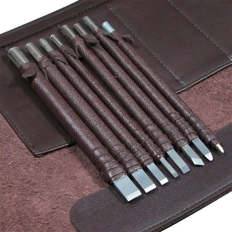 

8/10PCs Carved Stone File Knife Tungsten Steel Carving File Knife Engraving Chisel Craft Tool With Leather Handmake Tool
