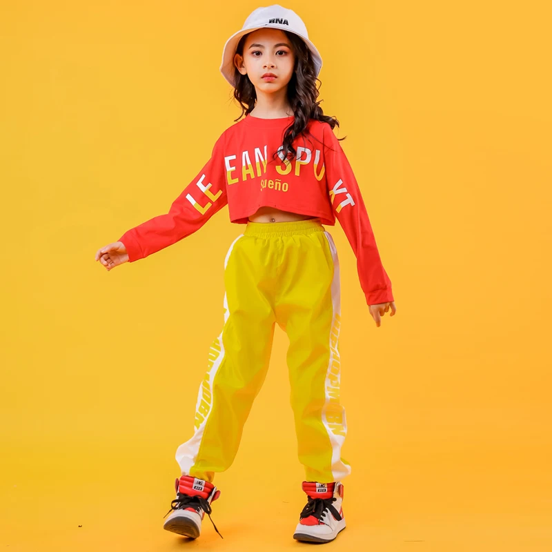 Детская одежда в стиле хип-хоп; красный свитер; Топ; укороченные желтые повседневные штаны для бега для девочек; костюмы для джазовых танцев; одежда