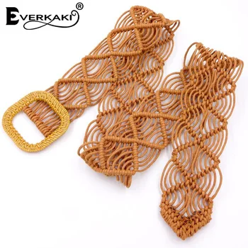 

Everkaki Boho Knitted Wax Rope Belt Women Sashes Waist Belt Solid Wooden Buckle Harajuku Belts For Women Dress Jeans 2019 New