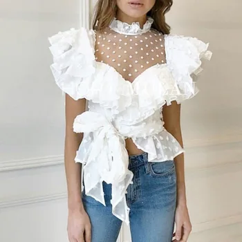 

New Women's European Design Stand Collar Gauze Lace Patchwork Dotted Ruffles Chiffon Lacing Bow Slim Waist Fashion Blouse Tops