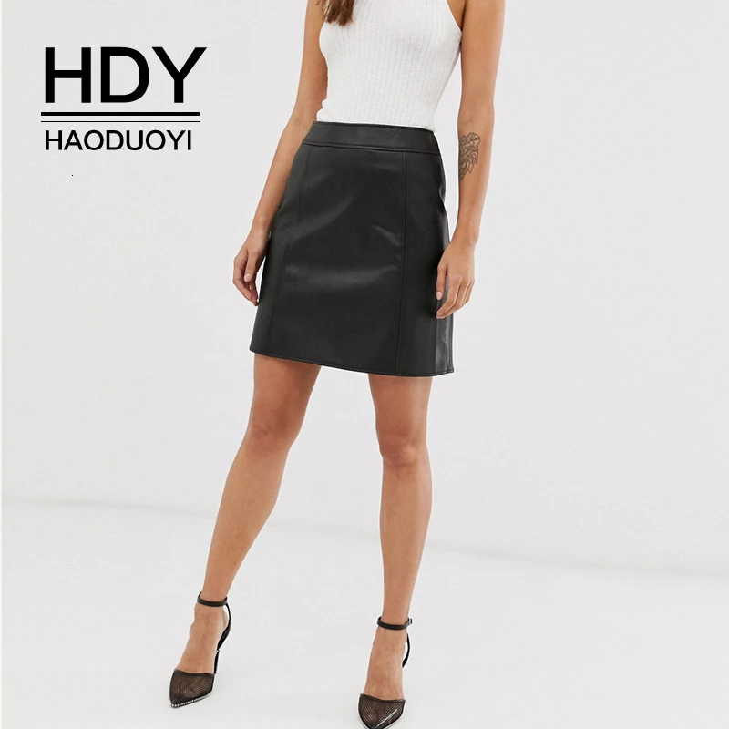 HDY Haoduoyi Новое поступление Осенняя модная однотонная простая и сексуальная черная облегающая юбка из искусственной кожи А-силуэта для женщин