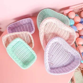 

Vacclo 1pc Heart Shape Storage Basket Rattan Candy Snack Jewelry Cards Neaten Organizer Fashion Desktop Makeup Basket Supply
