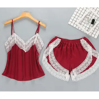 

Women Imitation Silk Sexy Lingerie Set Spaghetti Strap Camisole Side Split Shorts Lace Patchwork Pajamas Solid Color Sleepwear