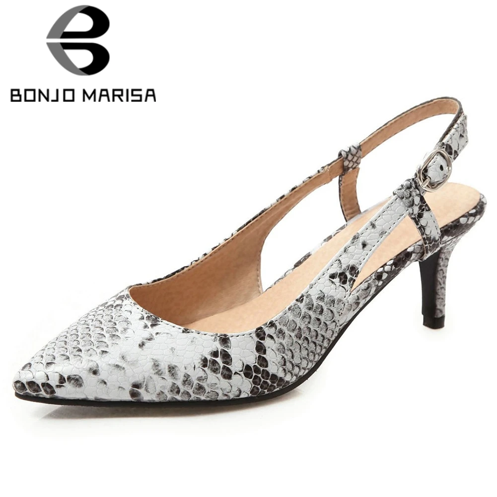 

BONJOMARISA 34-48 Ladies Elegant Pointed Toe Sandals Fashion Snake Print Shallow Sandals Women High Heels Date Shoes Woman