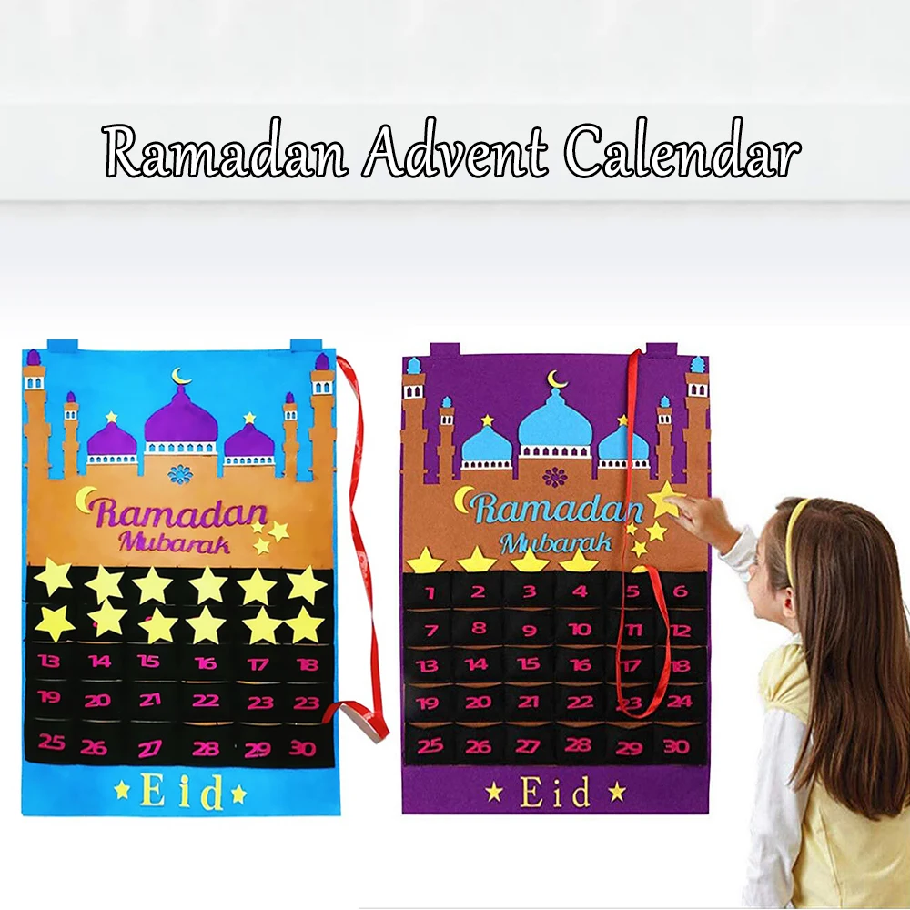 Newest Eid Mubarak 30days Advent Calendar Hanging Felt Countdown Calendar for Kids Gifts Ramadan Party Decorations Supplies