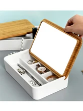  Multifunctional Jewelry Storage Box With Mirror Desktop Necklace Earrings Finishing Storage Box Desktop Makeup Mirror 