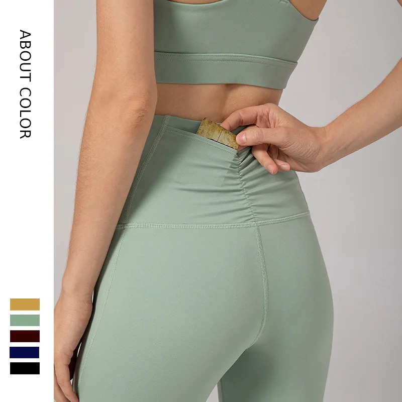 

High-waisted Bare Sense Yoga Pants Capri Pants Female Elasticity Tight Buttock Lifting Sports jian shen ku Pocket