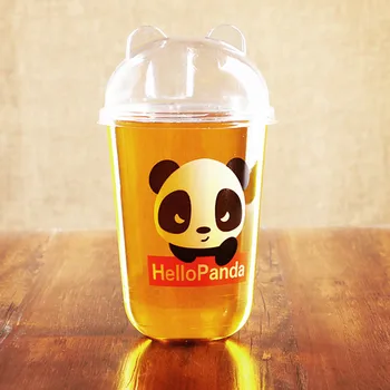 

50pcs Disposable U-shaped plastic cup 500ml cold drink beverage cup creative cute panda pattern takeaway packaging cups with lid