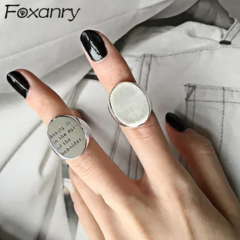 

Foxanry Real 925 Sterling Silver Smooth Rings for Women Fashion Simple English Letter Wide Round Geometric Party Jewelry Gifts